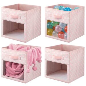 mDesign Fabric Nursery/Playroom Closet Storage Organizer Bin Box, Front Handle/Window for Cube Furniture Shelving Unit, Hold Toys, Clothes, Diapers, Bibs, 4 Pack, Pink/White Polka Dot