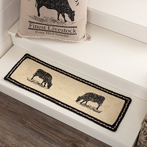 VHC Brands Farmhouse Flooring Miller Farm Charcoal Cow Jute Latex Backing Stenciled Nature Print Rectangle Stair Tread, Bleached White