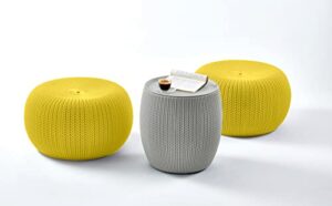 keter urban knit pouf ottoman set of 2 with storage table for patio and room décor-perfect for balcony, deck, and outdoor seating, yellow & gray
