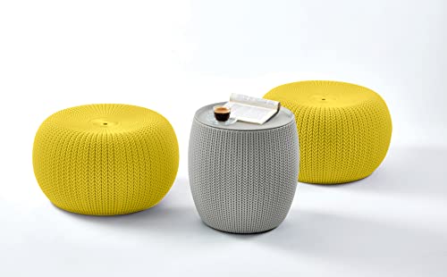 Keter Urban Knit Pouf Ottoman Set of 2 with Storage Table for Patio and Room Décor-Perfect for Balcony, Deck, and Outdoor Seating, Yellow & Gray