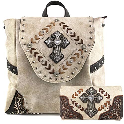 Justin West Trendy Western Cross Rhinestone Conceal Carry Women Backpack Purse (Beige)