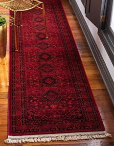 unique loom tekke collection over-dyed saturated traditional torkaman area rug, 2 ft 7 in x 10 ft, red/black