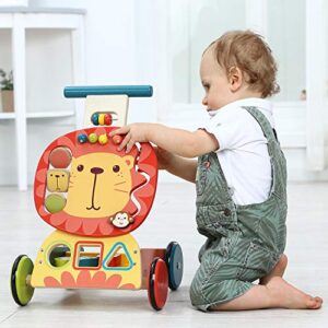 labebe - 4 Wheels Baby Walker, Wooden Push Wagon Toy for 1-3 Years Old Girl/Boy, Toddler/Kid Push Toy Cart for Walking, 2-in-1 Toy Shopping Cart, Outdoor Activity Walker for Infant - Yellow Lion