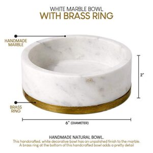 Serene Spaces Living White Marble Bowl with Brass Ring, Decorative Multi-Purpose Bowl- Use as Centerpiece Bowl, Fruit Bowl, Medium Size Measures 2" Tall and 6" Diameter