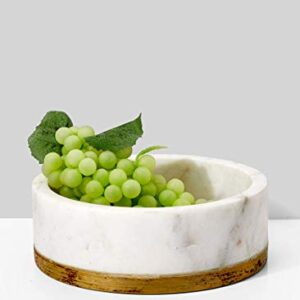 Serene Spaces Living White Marble Bowl with Brass Ring, Decorative Multi-Purpose Bowl- Use as Centerpiece Bowl, Fruit Bowl, Medium Size Measures 2" Tall and 6" Diameter