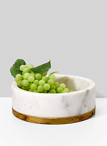 Serene Spaces Living White Marble Bowl with Brass Ring, Decorative Multi-Purpose Bowl- Use as Centerpiece Bowl, Fruit Bowl, Medium Size Measures 2" Tall and 6" Diameter