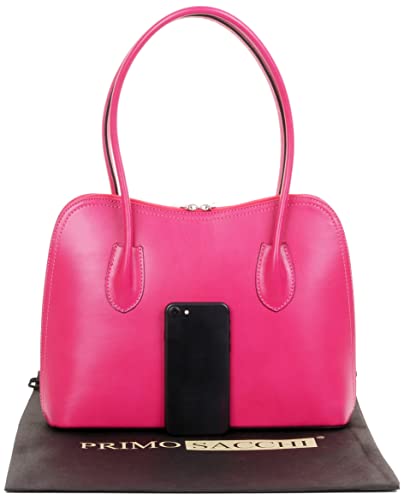 PRIMO SACCHI Italian Smooth Leather Pink Classic Long Handled Handbag Tote Grab Shoulder Bag