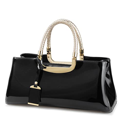 HOXIS Glossy Faux Patent Leather Structured Shoulder Handbag Women Evening Party Satchel (Black)