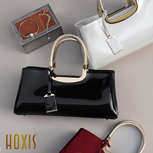 HOXIS Glossy Faux Patent Leather Structured Shoulder Handbag Women Evening Party Satchel (Black)
