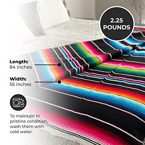 Leos Imports Mexican Serape Blanket, Traditional Saltillo Mexican Blanket, Handmade Mexican Blankets and Throws, Multipurpose Indoor and Outdoor Blankets and Throws, 84 x 55 Inches, Black