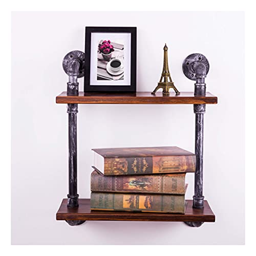 Sansnow 2-Shelf Vintage Industrial Iron Pipe Shelf Rustic Bookshelf Bar Shelves, Wood and Metal Bookcase, Floating Shelf for Home Farmhouse, Retro Black and Brown