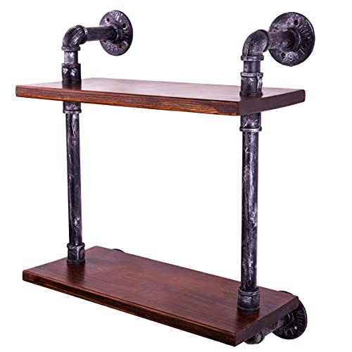 Sansnow 2-Shelf Vintage Industrial Iron Pipe Shelf Rustic Bookshelf Bar Shelves, Wood and Metal Bookcase, Floating Shelf for Home Farmhouse, Retro Black and Brown