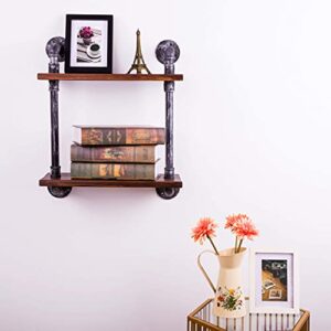 Sansnow 2-Shelf Vintage Industrial Iron Pipe Shelf Rustic Bookshelf Bar Shelves, Wood and Metal Bookcase, Floating Shelf for Home Farmhouse, Retro Black and Brown