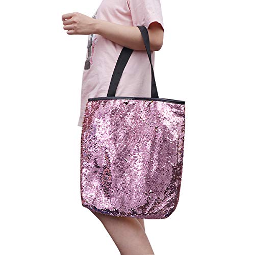 FENICAL Shoulder Bag Sequin Tote Bag Flippy Large Capacity Handbag Fashion Shopping Bag for Women - Pink+Golden