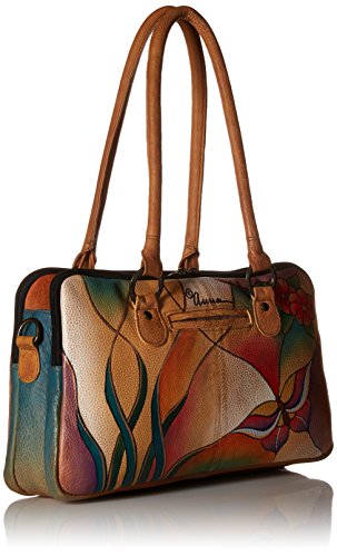 Anna by Anuschka Satchel Handbag-Leather, Butterfly Glass Painting