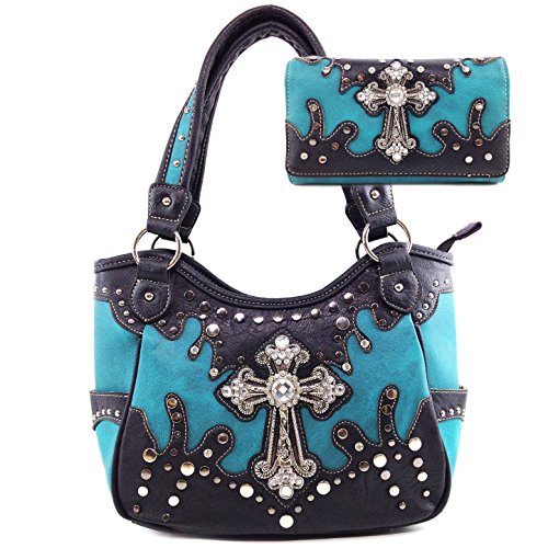 Justin West Cross Studs Concealed Carry Shoulder Handbag Tote Purse Crossbody Wallet (Blue Handbag and Wallet)