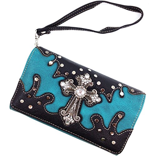 Justin West Cross Studs Concealed Carry Shoulder Handbag Tote Purse Crossbody Wallet (Blue Handbag and Wallet)