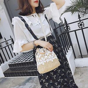 Puedo Exquisite Beach Clutch Purse Bag Bucket Bag Lace Handmade Straw Woven Sling Handbag Shoulder Crossbody Bag for Women, Beige, One Size