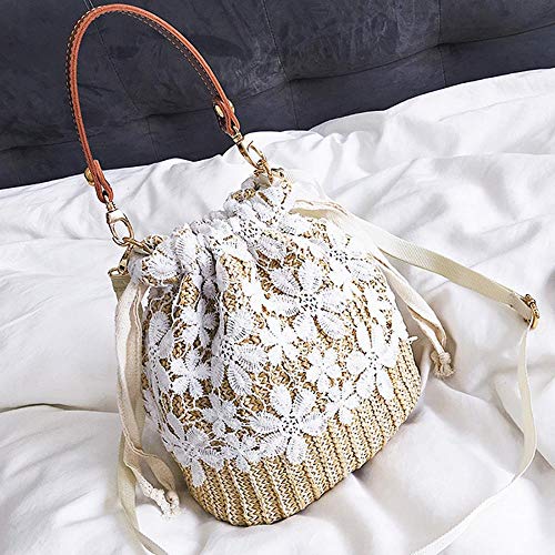Puedo Exquisite Beach Clutch Purse Bag Bucket Bag Lace Handmade Straw Woven Sling Handbag Shoulder Crossbody Bag for Women, Beige, One Size