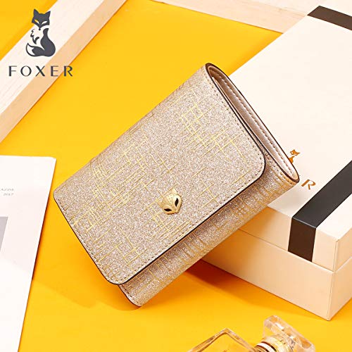 FOXER Small Leather Trifold Wallets for Women, Glett Materials Gift Box Packing Shiny Ladies Mini Purses with ID Window Women's Credit Card Holders Elegant Card Wallets (Gold)