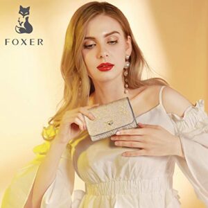 FOXER Small Leather Trifold Wallets for Women, Glett Materials Gift Box Packing Shiny Ladies Mini Purses with ID Window Women's Credit Card Holders Elegant Card Wallets (Gold)