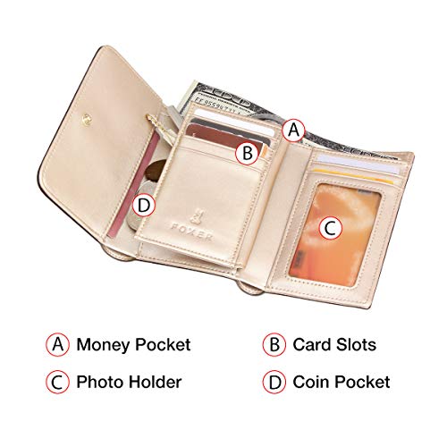FOXER Small Leather Trifold Wallets for Women, Glett Materials Gift Box Packing Shiny Ladies Mini Purses with ID Window Women's Credit Card Holders Elegant Card Wallets (Gold)