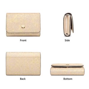 FOXER Small Leather Trifold Wallets for Women, Glett Materials Gift Box Packing Shiny Ladies Mini Purses with ID Window Women's Credit Card Holders Elegant Card Wallets (Gold)