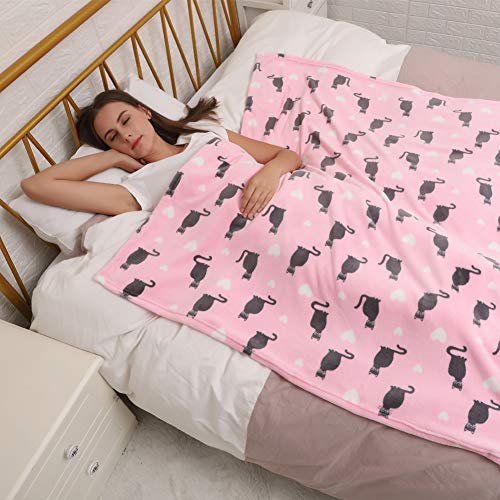 COSMOZ dryd Cat White Heart Pattern Pink Background Soft Lightweight Coral Fleece 230GSM Blanket Throw 50" x 60"