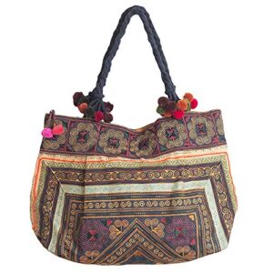 changnoi hill tribe tote bag hmong embroidered fabric large size thai fair trade (diamond mocha)