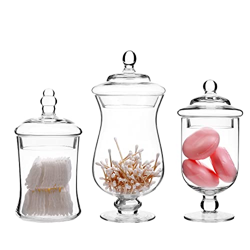 MyGift Clear Glass Apothecary Jars with Lid, Decorative Footed Vase, Candy Buffet Containers, Set of 3