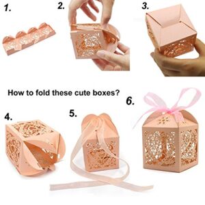 KPOSIYA 100 Pack Love Heart Laser Cut Wedding Party Favor Box Candy Bag Chocolate Gift Boxes Bridal Birthday Shower Bomboniere with Ribbons