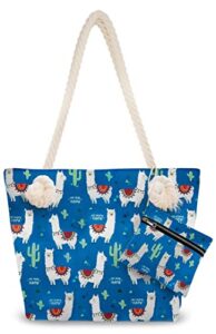 rave envy llama beach shoulder tote bag – llama gifts for women, blue with white llama weekender travel bag