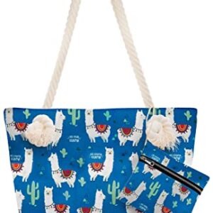 Rave Envy Llama Beach Shoulder Tote Bag - Llama Gifts for Women, Blue With White Llama Weekender Travel Bag