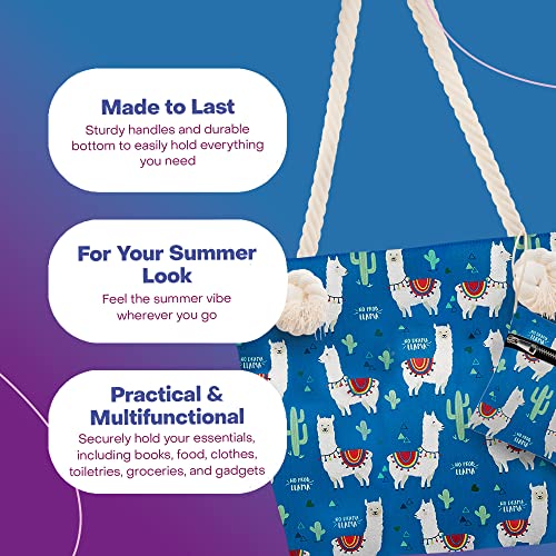 Rave Envy Llama Beach Shoulder Tote Bag - Llama Gifts for Women, Blue With White Llama Weekender Travel Bag