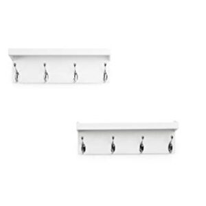 AHDECOR Entryway Floating Wall Mounted Coat Rack, Storage Hanging Shelf with 4 Durable Hangers, White, Set of 2