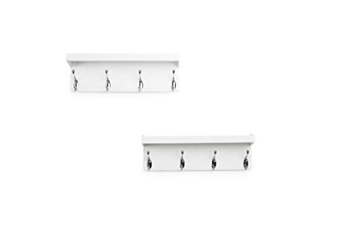 AHDECOR Entryway Floating Wall Mounted Coat Rack, Storage Hanging Shelf with 4 Durable Hangers, White, Set of 2