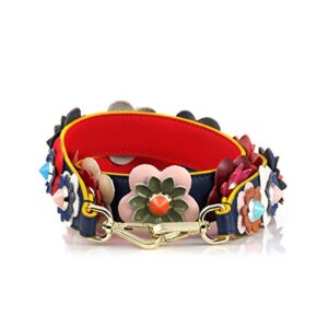 cowhide leather flower replacement interchangeable shoulder strap with swivel hook for handbags purse bags (drak blue with red-mix flower-gold buckle)
