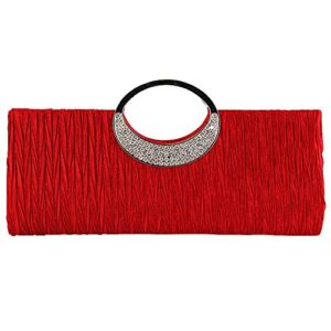 topchances women’s evening party rhinestone satin pleated evening wedding party clutch purse wallet handbag (red)