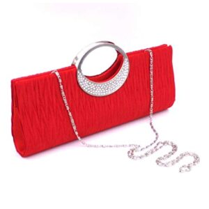 TOPCHANCES Women's Evening Party Rhinestone Satin Pleated Evening Wedding Party Clutch Purse Wallet Handbag (Red)