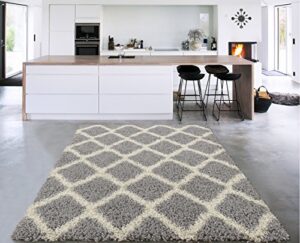 sweet home stores cozy shag collection grey and cream moroccan trellis design shag rug (3’3″x4’7″) contemporary living and bedroom soft shaggy area rug