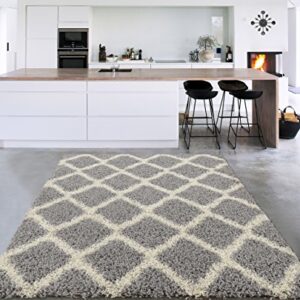 Sweet Home Stores Cozy Shag Collection Grey and Cream Moroccan Trellis Design Shag Rug (3'3"X4'7") Contemporary Living and Bedroom Soft Shaggy Area Rug