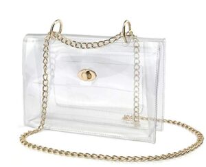 women clear flap top chain shoulder handbag with turn lock minimalist messenger purse for stadium approved (clear)