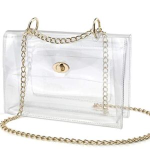 Women Clear Flap Top Chain Shoulder Handbag with Turn Lock Minimalist Messenger Purse for Stadium Approved (Clear)