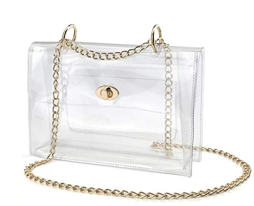 Women Clear Flap Top Chain Shoulder Handbag with Turn Lock Minimalist Messenger Purse for Stadium Approved (Clear)