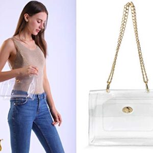 Women Clear Flap Top Chain Shoulder Handbag with Turn Lock Minimalist Messenger Purse for Stadium Approved (Clear)