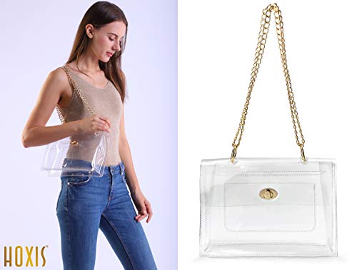 Women Clear Flap Top Chain Shoulder Handbag with Turn Lock Minimalist Messenger Purse for Stadium Approved (Clear)