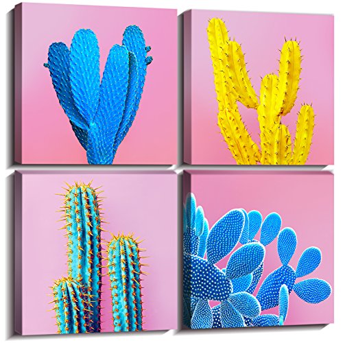 Cactus Wall Art Succulent Wall Decor Pink Bathroom Mexican Decor Pop Art Boho Colorful Home Decor Desert Plant Canvas Pictures Modern Artwork for Bedroom Living Room Kitchen Decorations 12x12” 4 Pcs