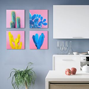 Cactus Wall Art Succulent Wall Decor Pink Bathroom Mexican Decor Pop Art Boho Colorful Home Decor Desert Plant Canvas Pictures Modern Artwork for Bedroom Living Room Kitchen Decorations 12x12” 4 Pcs