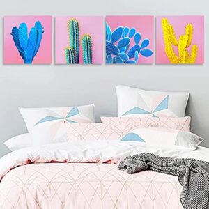 Cactus Wall Art Succulent Wall Decor Pink Bathroom Mexican Decor Pop Art Boho Colorful Home Decor Desert Plant Canvas Pictures Modern Artwork for Bedroom Living Room Kitchen Decorations 12x12” 4 Pcs