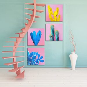 Cactus Wall Art Succulent Wall Decor Pink Bathroom Mexican Decor Pop Art Boho Colorful Home Decor Desert Plant Canvas Pictures Modern Artwork for Bedroom Living Room Kitchen Decorations 12x12” 4 Pcs